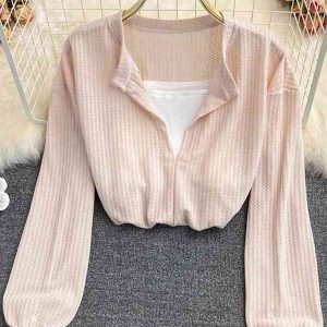 Trendy Two-Piece Style Waffle Knit Long Sleeve Crop Top