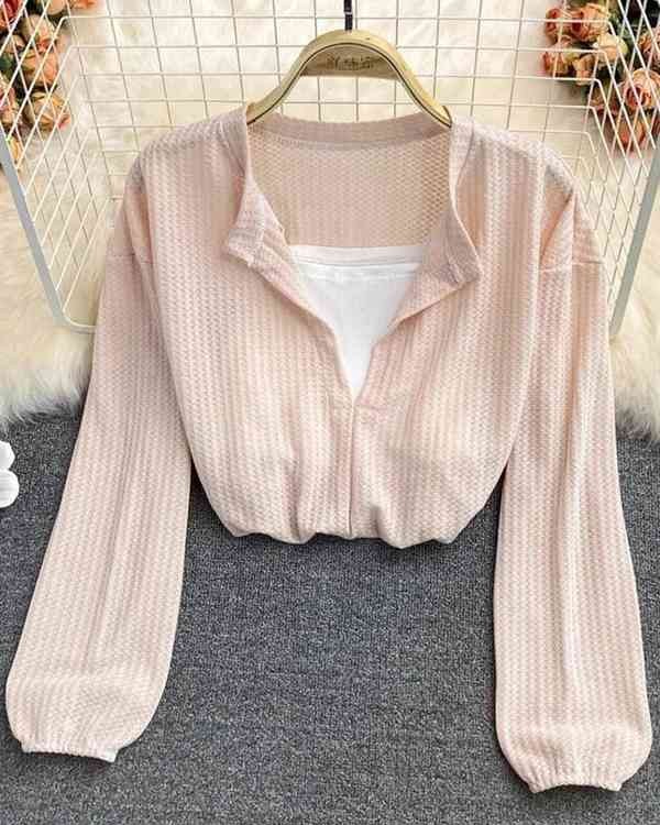 Trendy Two-Piece Style Waffle Knit Long Sleeve Crop Top