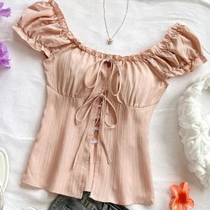 Romantic Milkmaid Corset-Style Ribbed Blouse