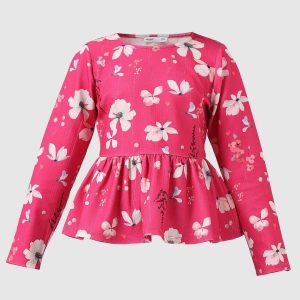Vibrant Floral Print Peplum Long Sleeve Top